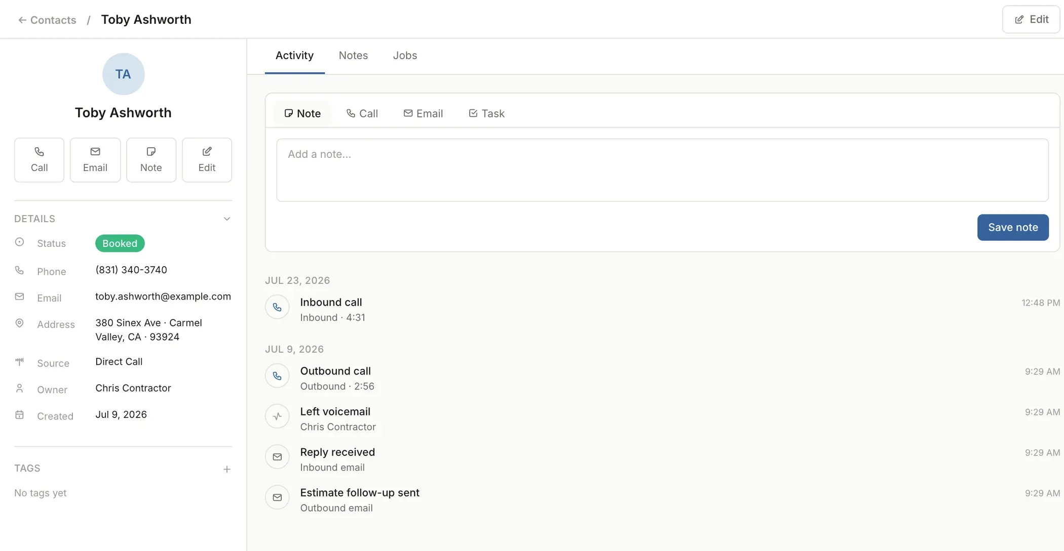Pydak contact page showing details panel and chronological activity timeline